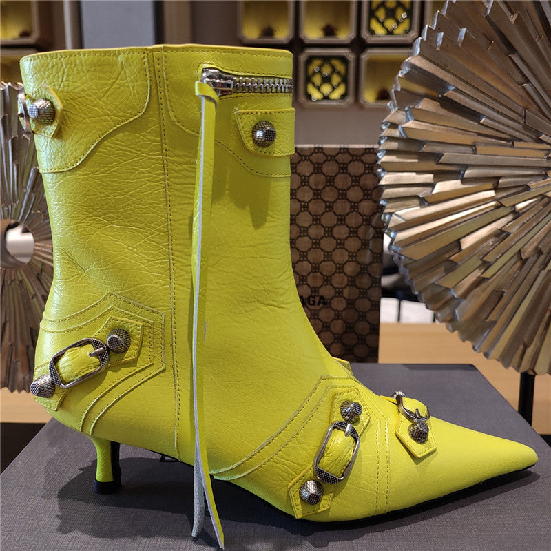 High Quality Luxury Balenciaga Orange Pointed Toe Side Zip Kitten Heel Booties product detail