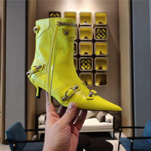 High Quality Luxury Balenciaga Orange Pointed Toe Side Zip Kitten Heel Booties product detail