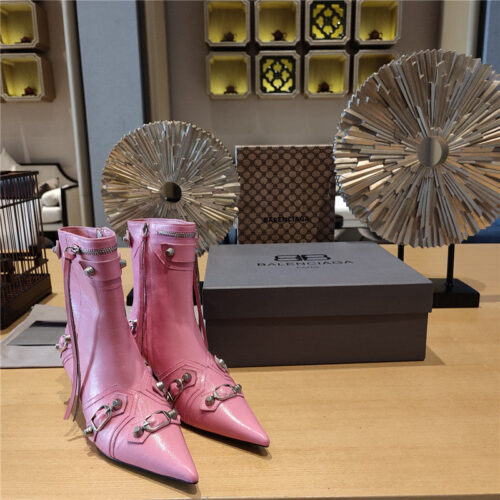 High Quality Luxury Balenciaga Orange Pointed Toe Side Zip Kitten Heel Booties – Style 30883