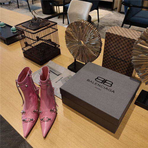 High Quality Luxury Balenciaga Orange Pointed Toe Side Zip Kitten Heel Booties – Style 30883 product detail