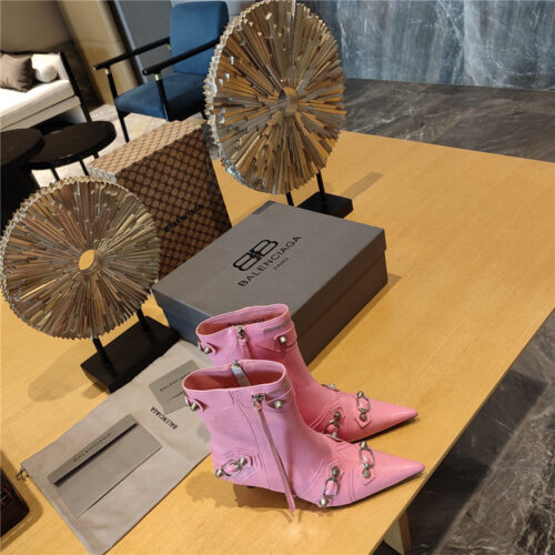 High Quality Luxury Balenciaga Orange Pointed Toe Side Zip Kitten Heel Booties – Style 30883 product detail