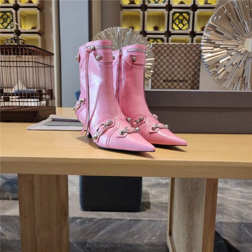 High Quality Luxury Balenciaga Orange Pointed Toe Side Zip Kitten Heel Booties – Style 30883 product detail