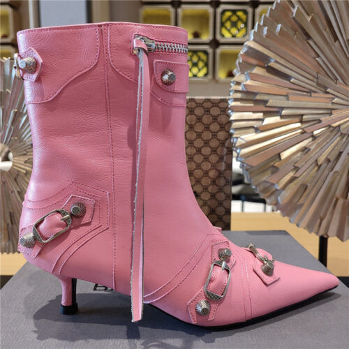 High Quality Luxury Balenciaga Orange Pointed Toe Side Zip Kitten Heel Booties – Style 30883 product detail