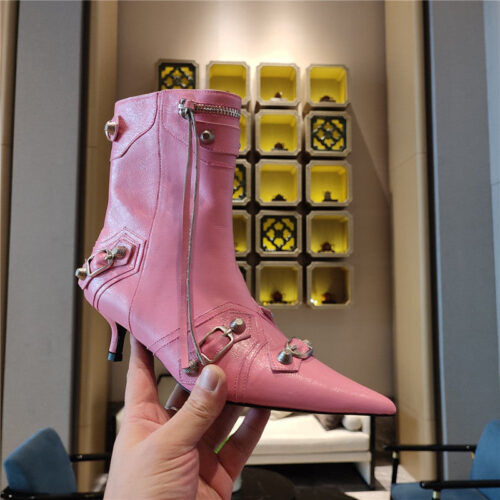 High Quality Luxury Balenciaga Orange Pointed Toe Side Zip Kitten Heel Booties – Style 30883 product detail