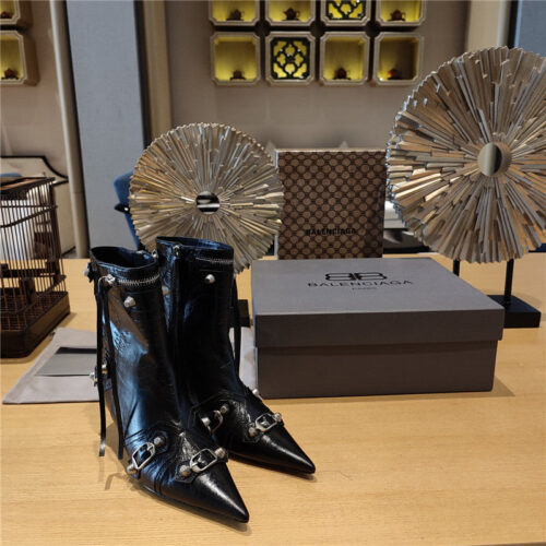 High Quality Luxury Balenciaga Orange Pointed Toe Side Zip Kitten Heel Booties – Style 27491