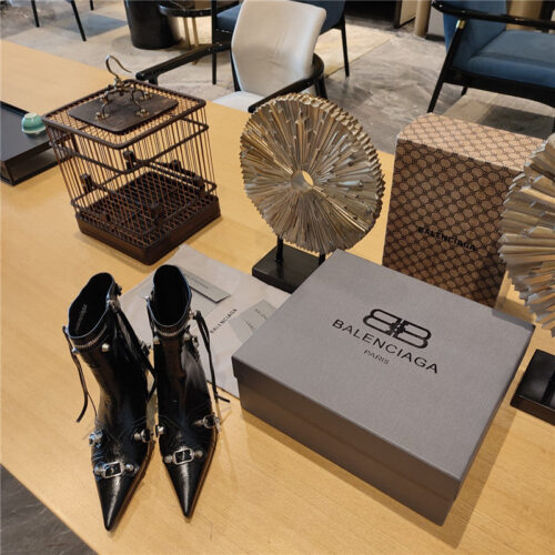 High Quality Luxury Balenciaga Orange Pointed Toe Side Zip Kitten Heel Booties – Style 27491 product detail
