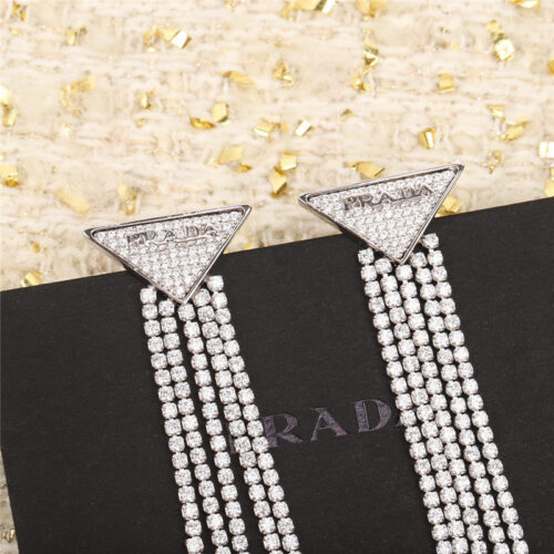 High Quality Luxury Prada Triangle Brand Full Diamond Earrings product detail