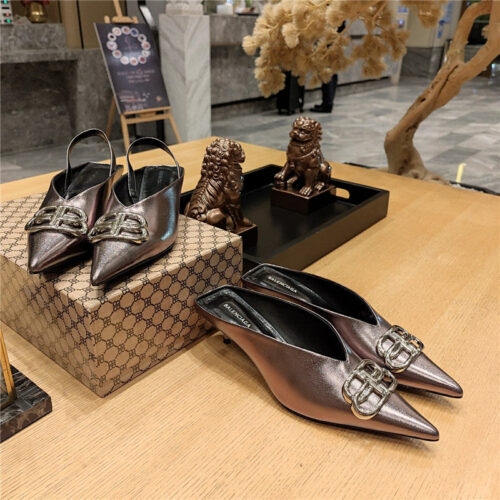 High Quality Luxury Balenciaga Double B Buckle Cat Heel Mules Slippers – Style 80195 alternate view