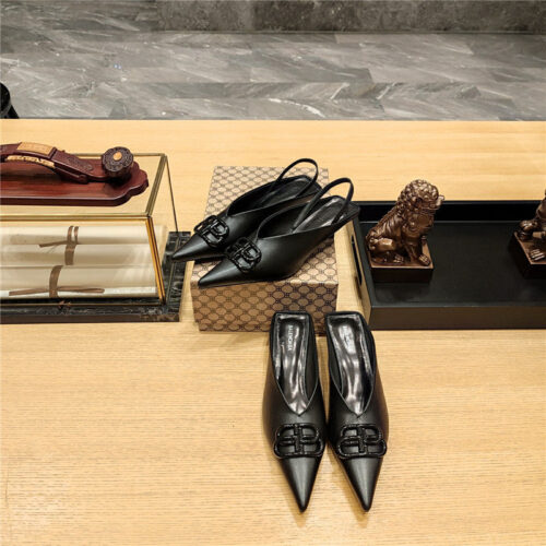 High Quality Luxury Balenciaga Double B Buckle Cat Heel Mules Slippers – Style 09571 alternate view