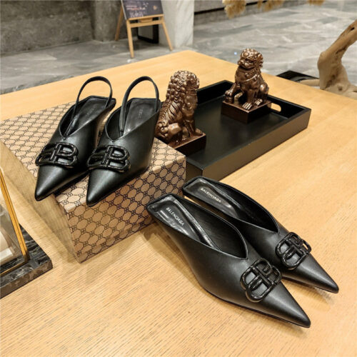 High Quality Luxury Balenciaga Double B Buckle Cat Heel Mules Slippers – Style 09571 product detail