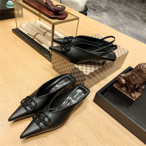 High Quality Luxury Balenciaga Double B Buckle Cat Heel Mules Slippers – Style 09571 product detail