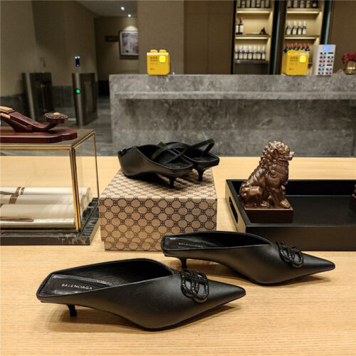 High Quality Luxury Balenciaga Double B Buckle Cat Heel Mules Slippers – Style 09571 product detail