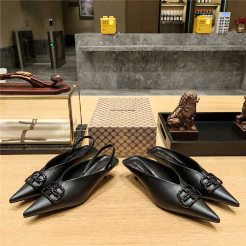 High Quality Luxury Balenciaga Double B Buckle Cat Heel Mules Slippers – Style 09571 product detail