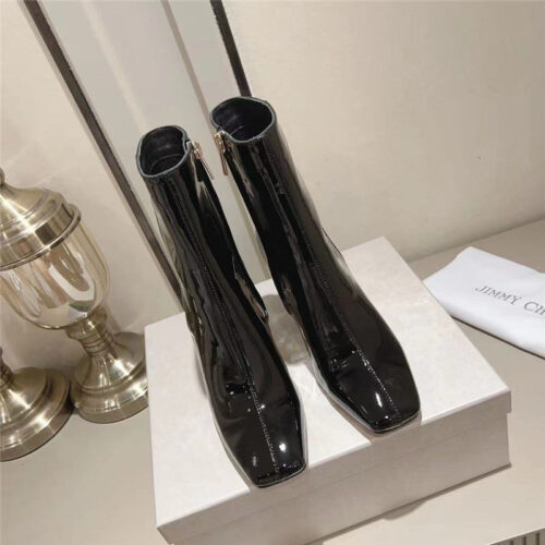 High Quality Luxury Jimmy Choo Black Patent Leather Block Heel Ankle Boots – Style 63159