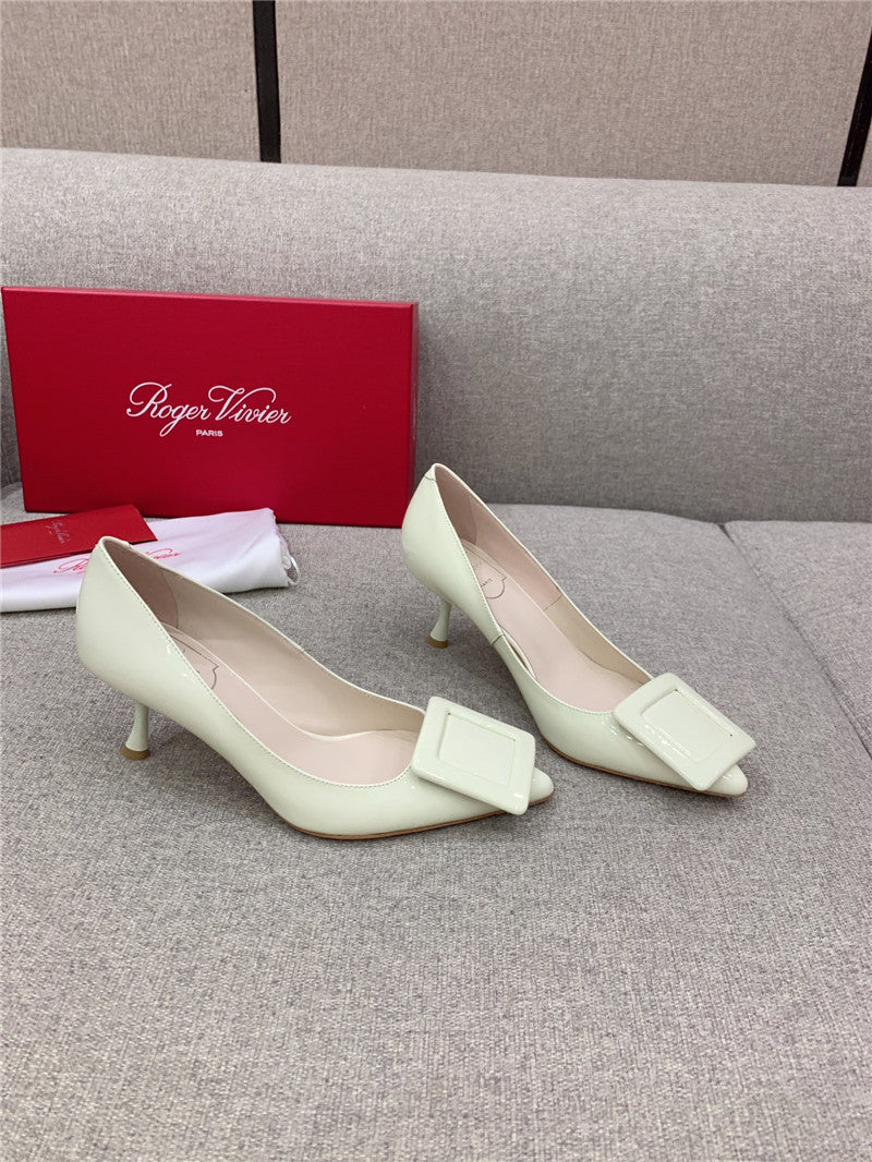 High Quality Luxury Roger Vivier New Leather Buckle Cat Heel Shoes – Style 63060