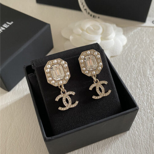 High Quality Luxury Chanel Octagonal Crystal Pendant Double C Earrings alternate view