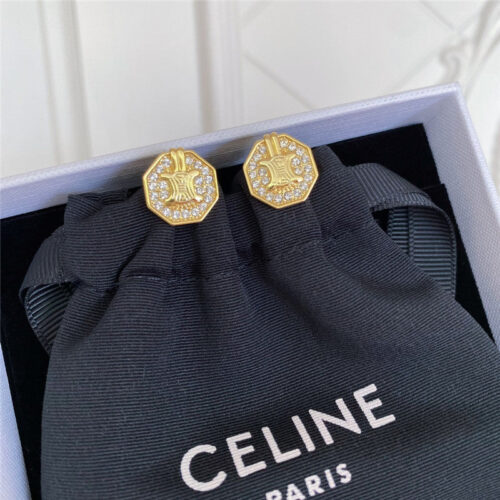 High Quality Luxury Celine Polygon Full Diamond Triumphal Arch Stud Earrings