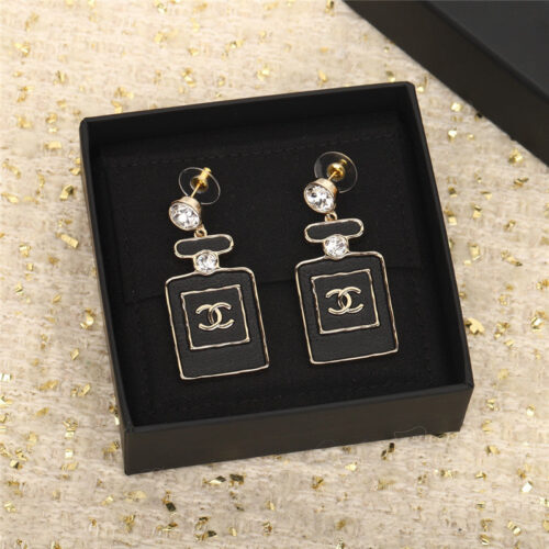 High Quality Luxury Chanel Black Gold Perfume Bottle Earrings