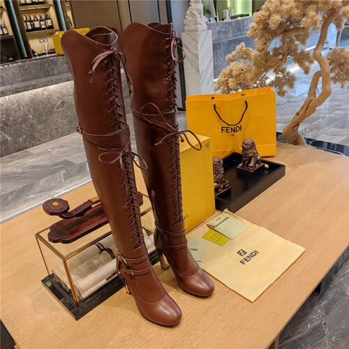 High Quality Luxury Fendi Knee High Lace Up Boots