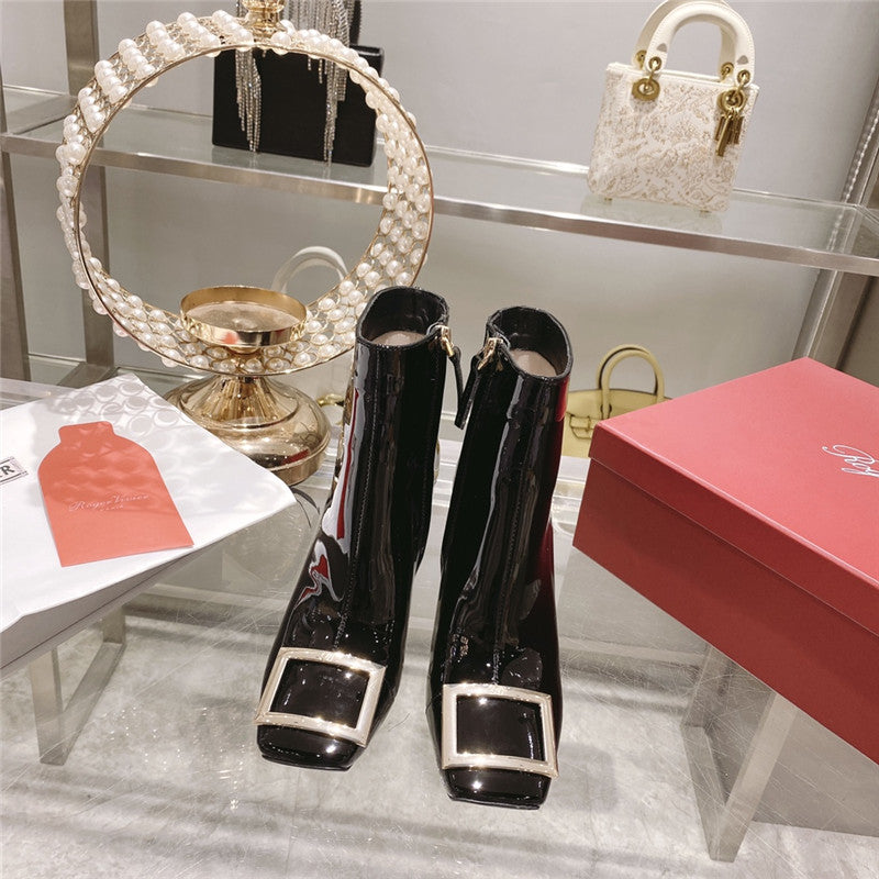 High Quality Luxury Roger Vivier Metal Square Buckle Ankle Boots – Style 91348 product detail