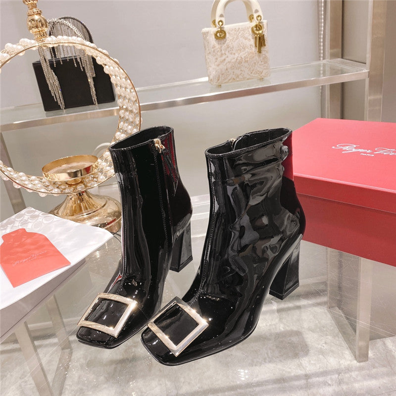 High Quality Luxury Roger Vivier Metal Square Buckle Ankle Boots – Style 91348 product detail