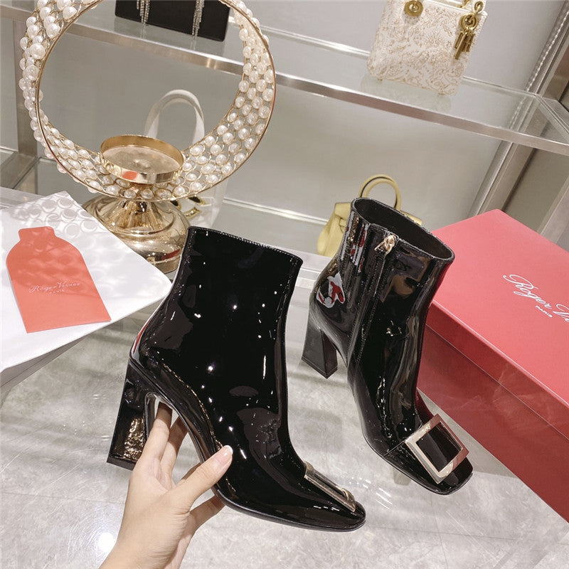 High Quality Luxury Roger Vivier Metal Square Buckle Ankle Boots – Style 91348 product detail