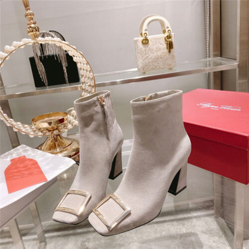 High Quality Luxury Roger Vivier Metal Square Buckle Ankle Boots – Style 20724