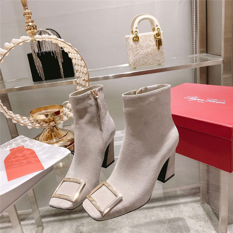 High Quality Luxury Roger Vivier Metal Square Buckle Ankle Boots – Style 20724