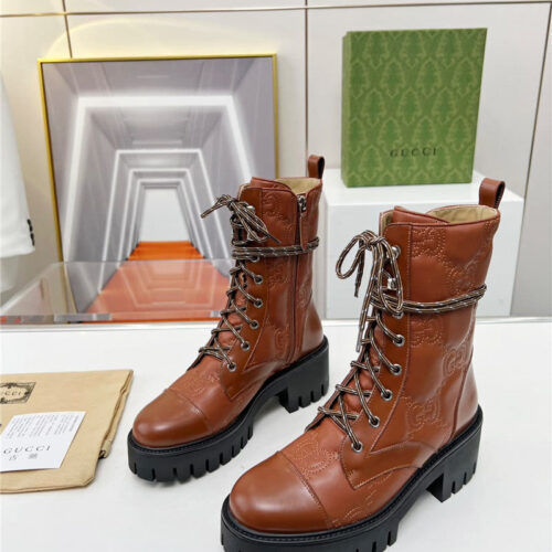 High Quality Luxury Gucci Double G Electric Embroidery Version Lace-Up 8 Inch Boots