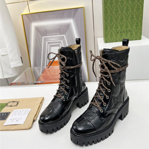 High Quality Luxury Gucci Double G Electric Embroidery Version Lace-Up 8 Inch Boots – Style 46963