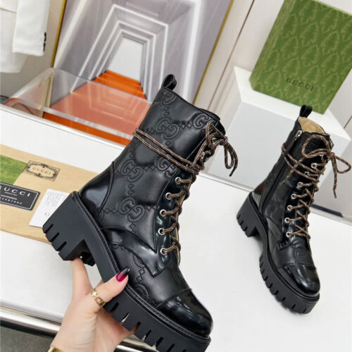 High Quality Luxury Gucci Double G Electric Embroidery Version Lace-Up 8 Inch Boots – Style 46963 product detail