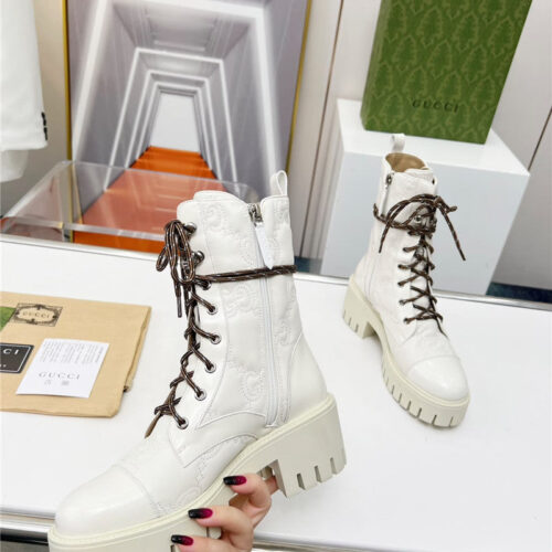 High Quality Luxury Gucci Double G Electric Embroidery Version Lace-Up 8 Inch Boots – Style 12499 product detail