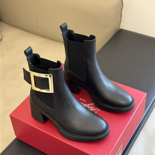 High Quality Luxury Roger Vivier Square Buckle Chunky Heel Chelsea Boots – Style 26772