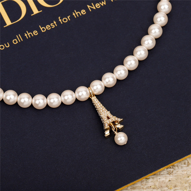 High Quality Luxury Dior Eiffel Tower Pearl Necklace – Style 50708 product detail