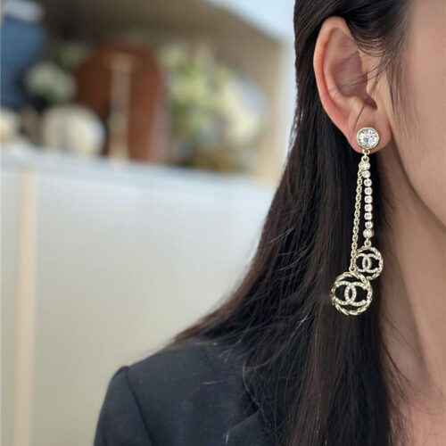 High Quality Luxury Chanel Double C Hollow Round Chain Earrings alternate view