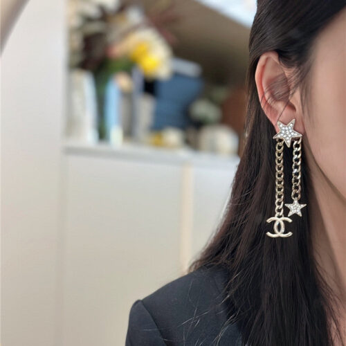 High Quality Luxury Chanel Double C Star Chain Earrings alternate view