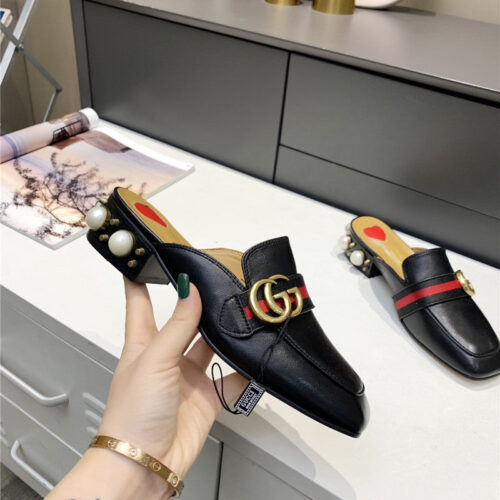 High Quality Luxury Gucci Pearl Heel Half Slippers – Style 77459 product detail