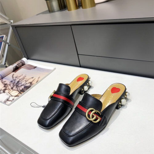 High Quality Luxury Gucci Pearl Heel Half Slippers – Style 77459 product detail