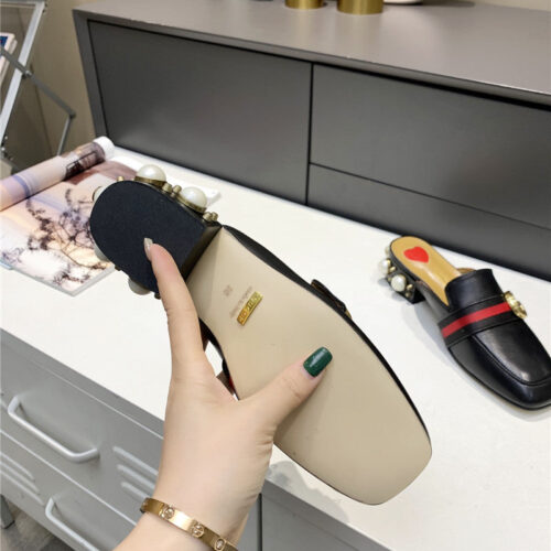 High Quality Luxury Gucci Pearl Heel Half Slippers – Style 77459 product detail