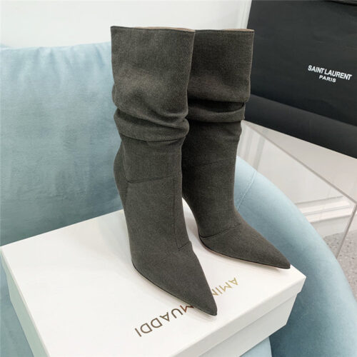 High Quality Luxury Amina Muaddi Pleated Stiletto Booties product detail