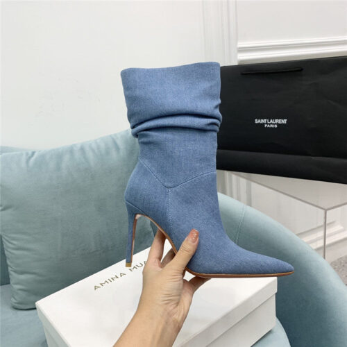 High Quality Luxury Amina Muaddi Pleated Stiletto Booties – Style 36483 product detail