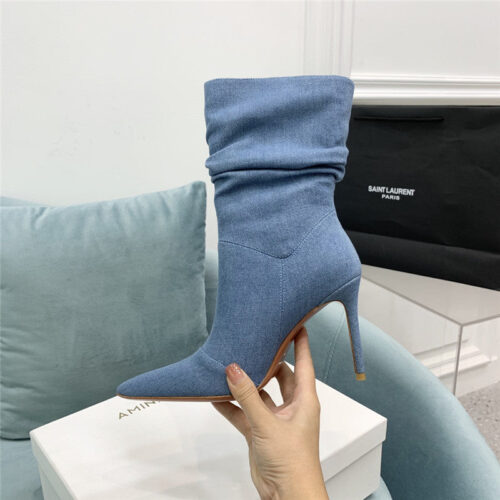 High Quality Luxury Amina Muaddi Pleated Stiletto Booties – Style 36483 product detail