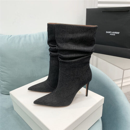 High Quality Luxury Amina Muaddi Pleated Stiletto Booties – Style 00323