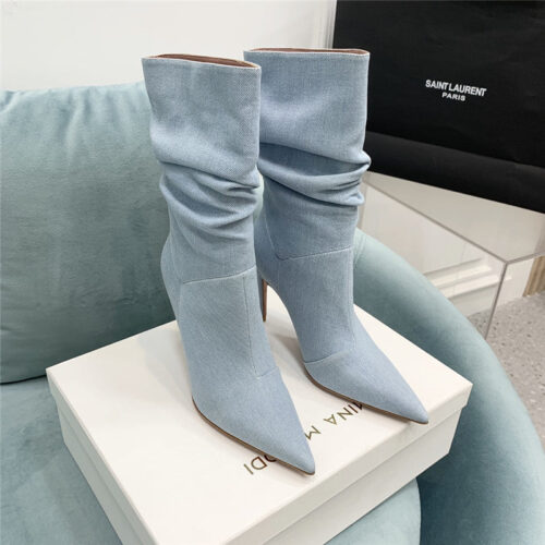 High Quality Luxury Amina Muaddi Pleated Stiletto Booties – Style 65859 product detail