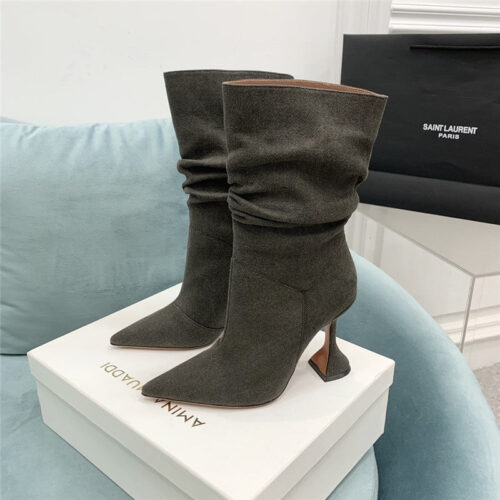 High Quality Luxury Amina Muaddi Wine Glass Heel Pleated High Heel Boots – Style 33027