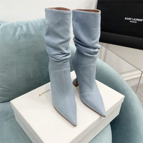 High Quality Luxury Amina Muaddi Wine Glass Heel Pleated High Heel Boots – Style 96867 product detail