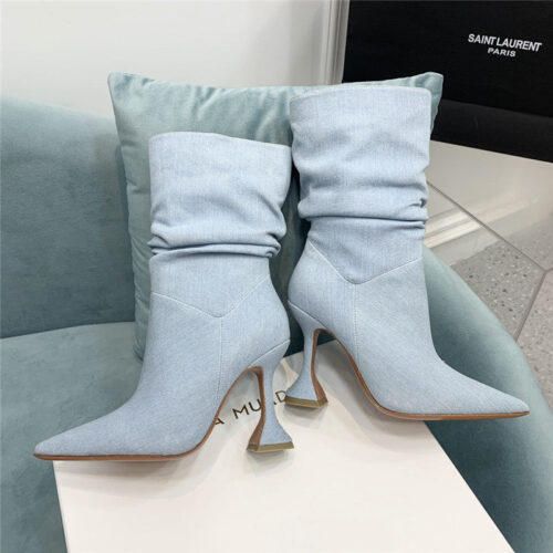 High Quality Luxury Amina Muaddi Wine Glass Heel Pleated High Heel Boots – Style 96867 product detail