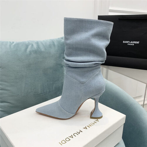 High Quality Luxury Amina Muaddi Wine Glass Heel Pleated High Heel Boots – Style 96867 product detail