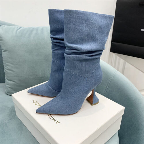High Quality Luxury Amina Muaddi Wine Glass Heel Pleated High Heel Boots – Style 60707