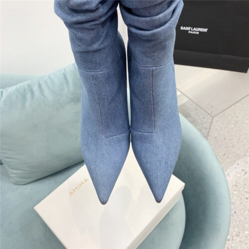 High Quality Luxury Amina Muaddi Wine Glass Heel Pleated High Heel Boots – Style 60707 product detail